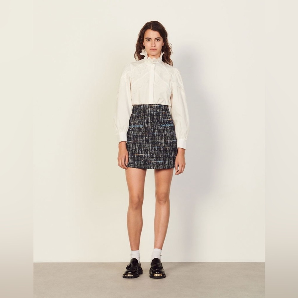 Sandro Black and Blue Tweed Mini Skirt
